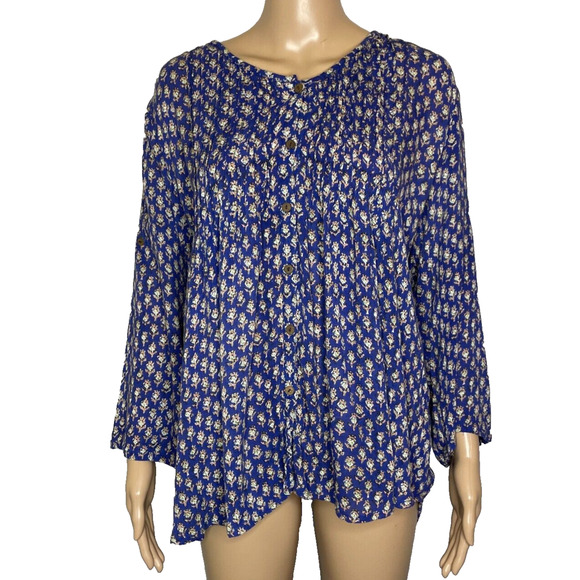 Women's Large Tree of Life Blue Floral Patterned Pleated Button Front Blouse - Picture 1 of 5